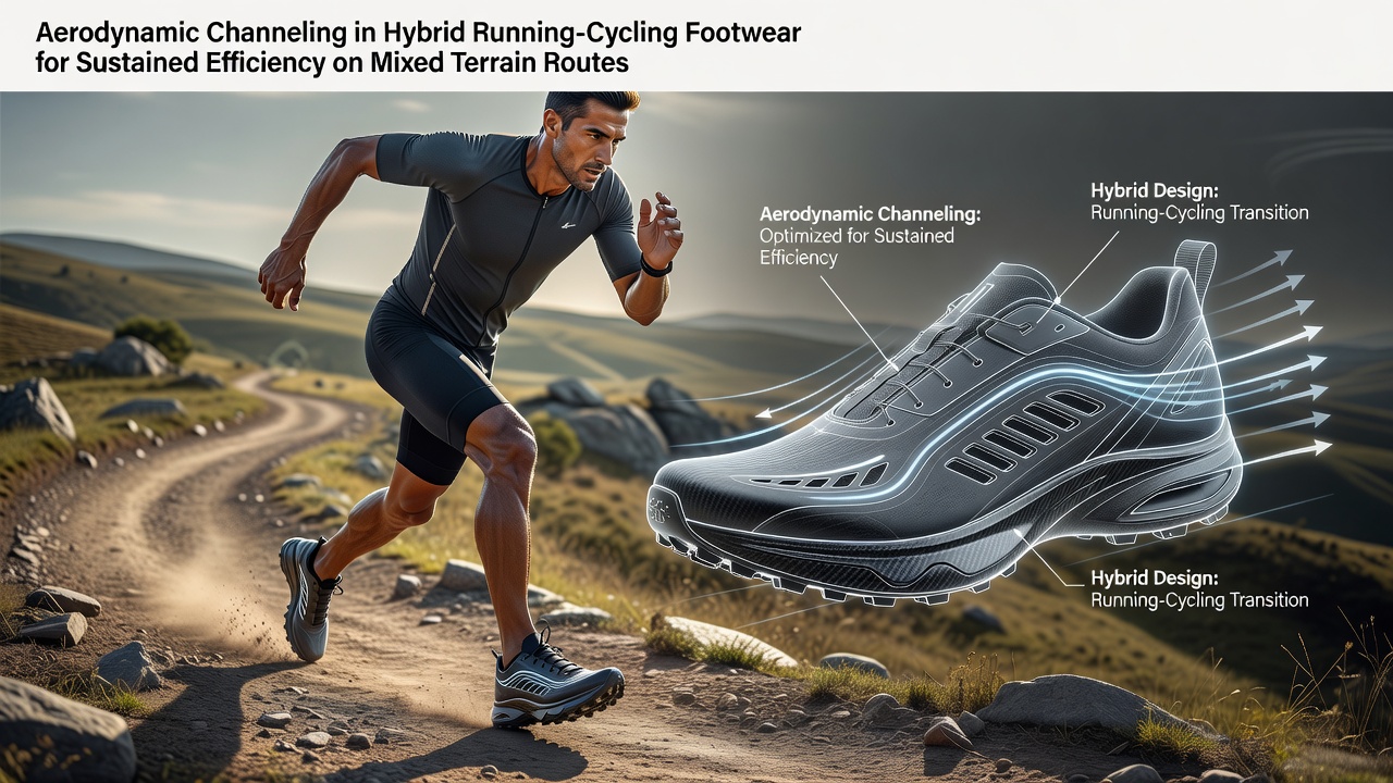 Hybrid running-cycling footwear showcasing aerodynamic channeling vents and sole structures designed for mixed terrain efficiency