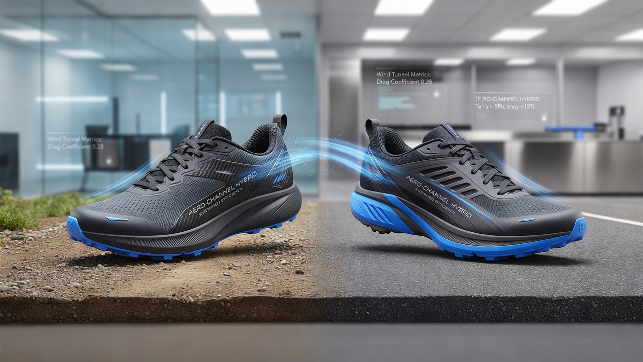 Close-up view of aerodynamic channels integrated into hybrid footwear sole during mixed terrain testing