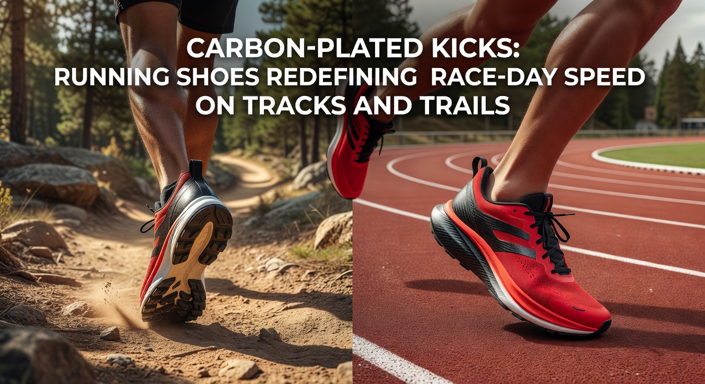 Elite runner in carbon-plated shoes powering through a track race, mid-stride with blurred background emphasizing speed