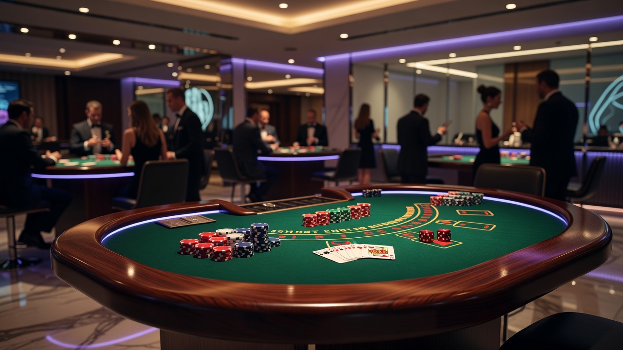 Overview of various casino game tables and slot machines in a modern casino floor