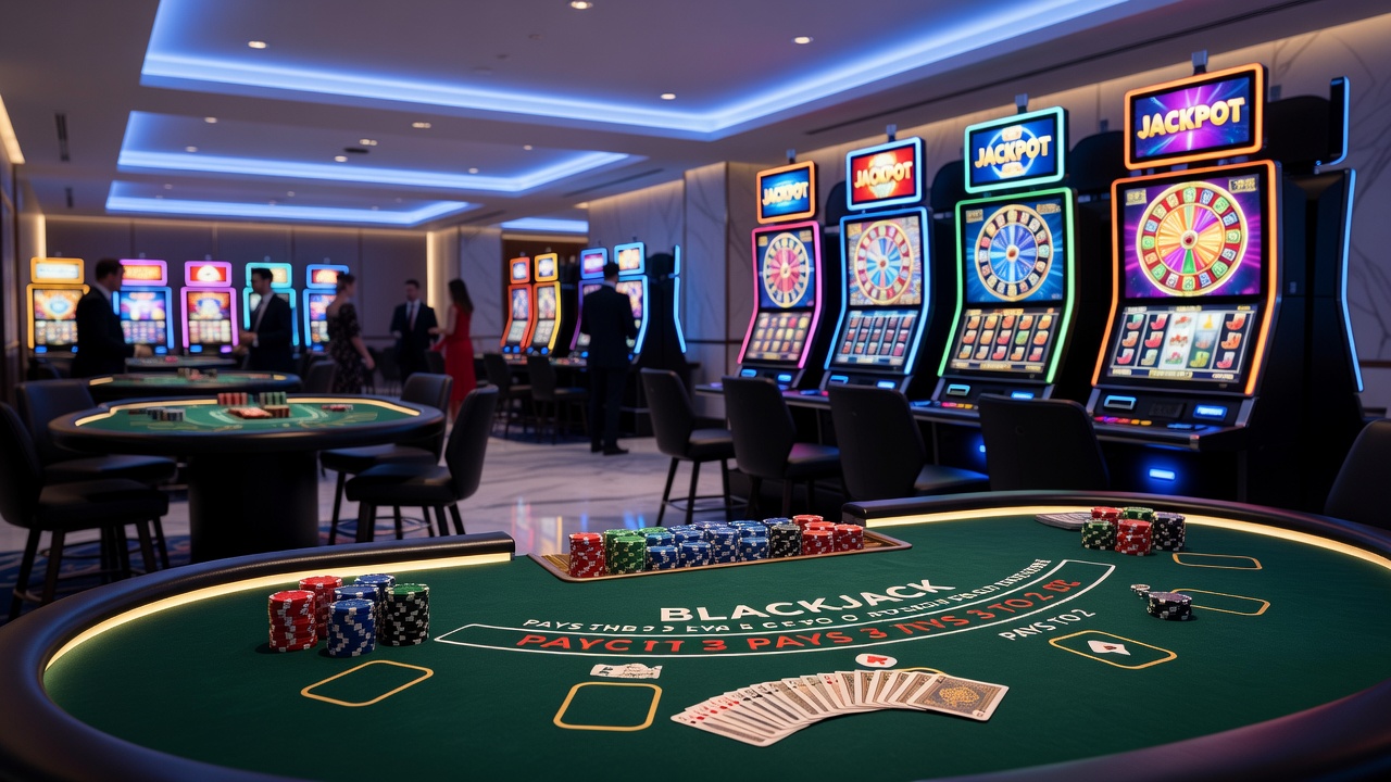 Close-up view of slot machine reels and digital displays showing game interfaces