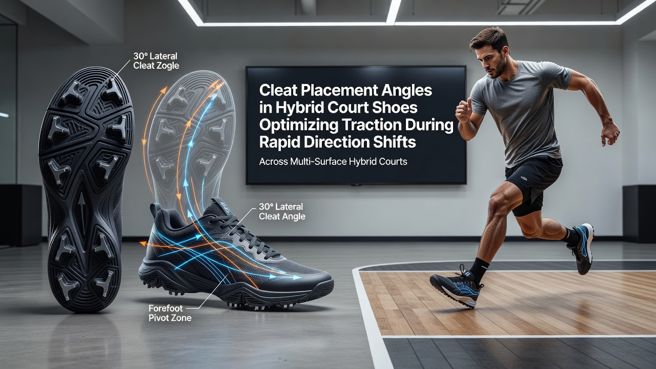 Diagram illustrating cleat angle measurements on hybrid court shoe outsoles for multi-directional movement