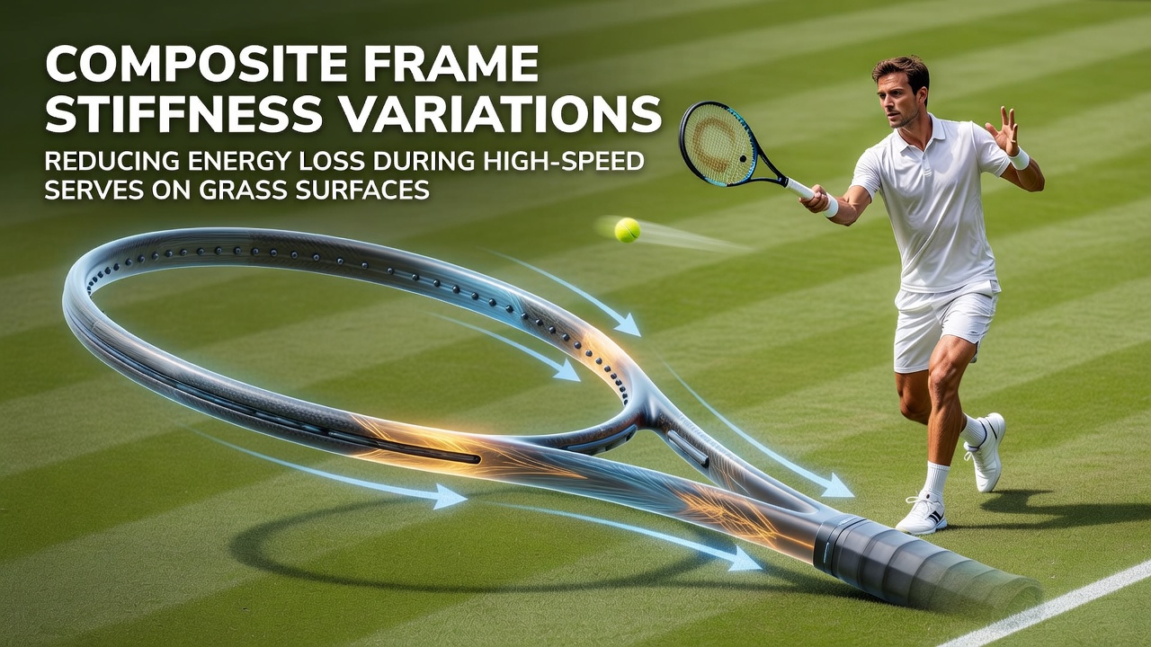 Close-up of carbon composite tennis racket frame showing layered stiffness zones near the throat and hoop