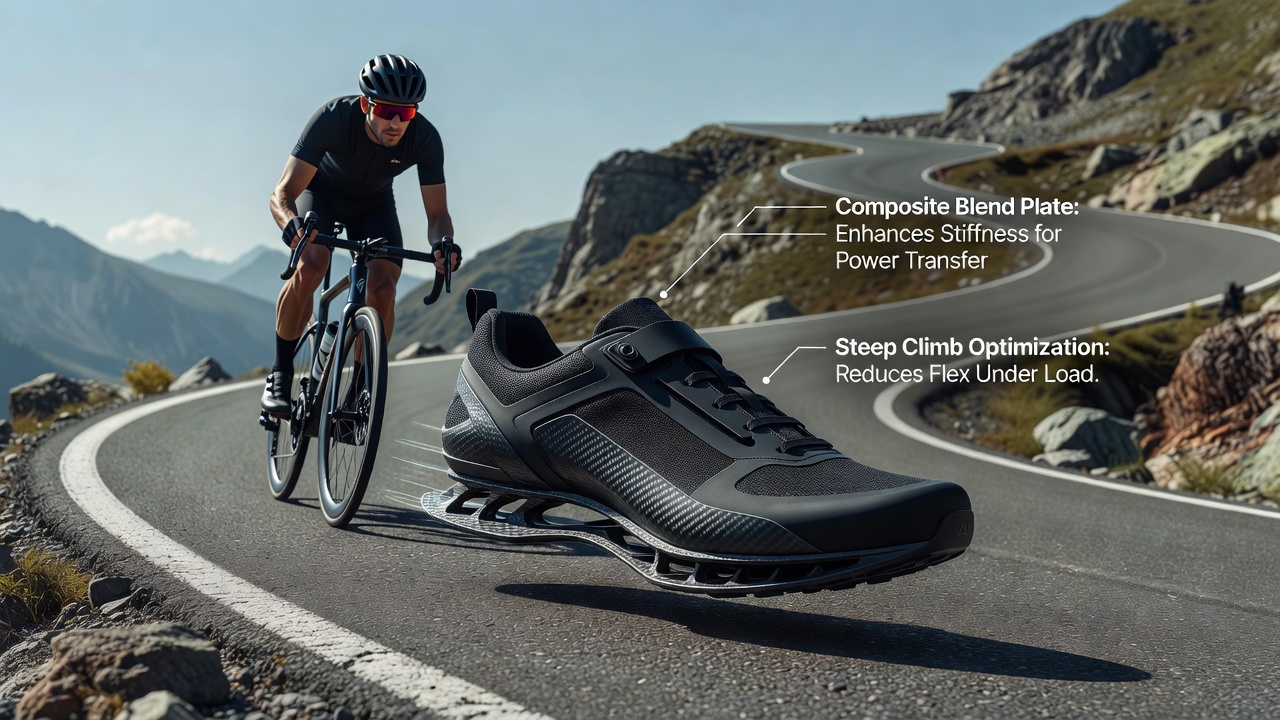 Side-by-side comparison of power output curves for cyclists using different sole composite blends on a steep climb