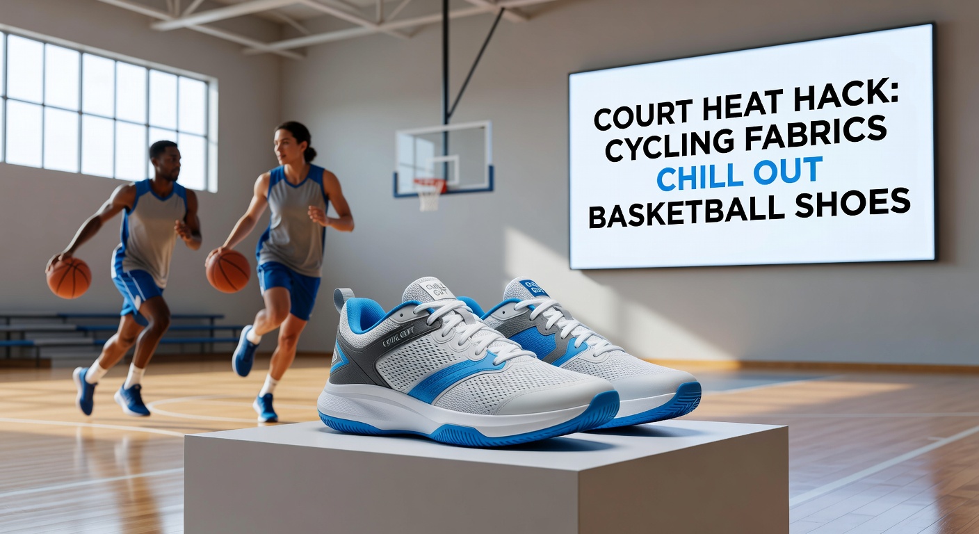 Basketball player mid-jump on court wearing high-tech cooling shoes, with visible mesh panels and sweat evaporation in action