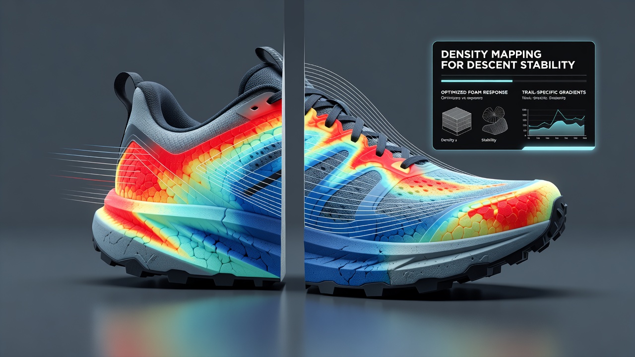 Cross-section view of variable-density foam midsole used in trail running footwear