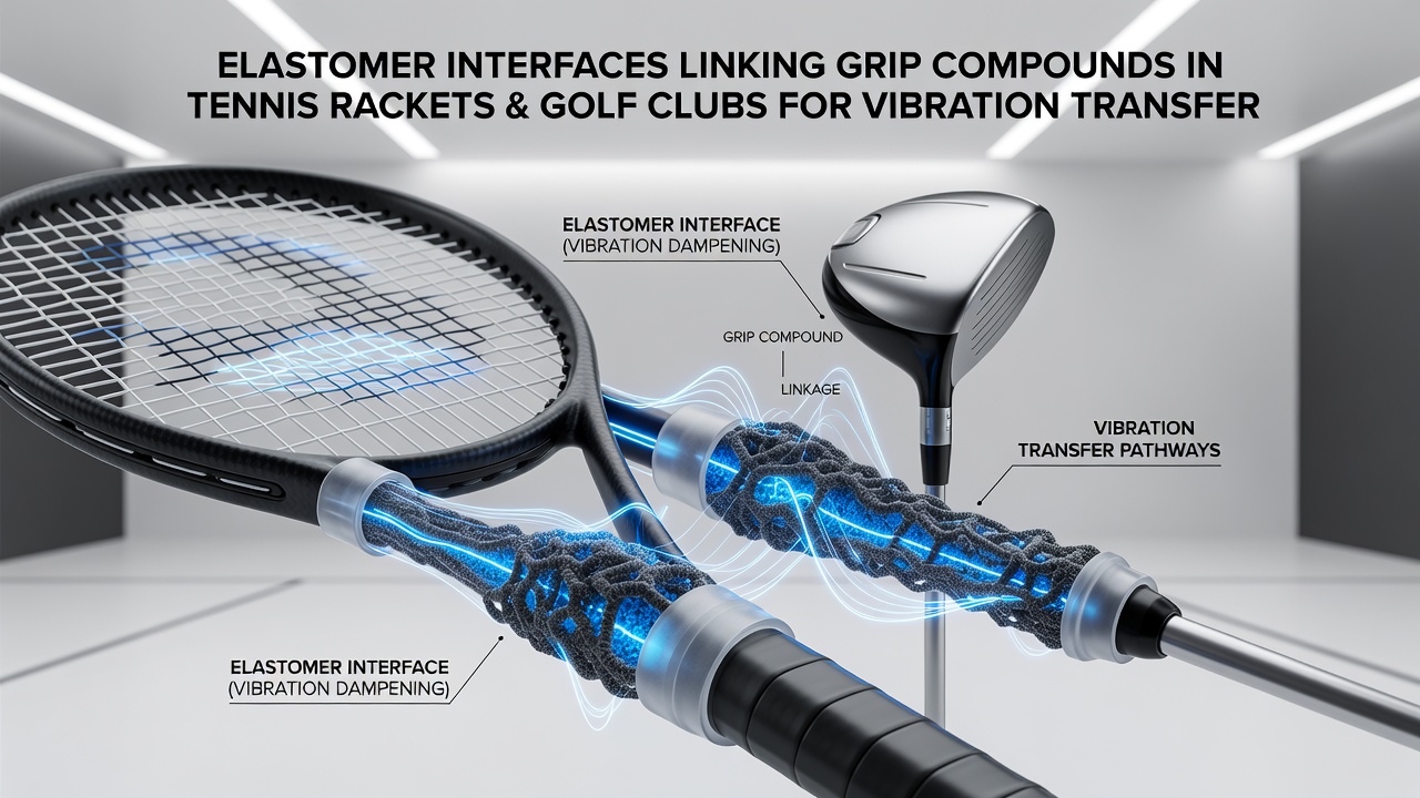 Side-by-side comparison of elastomer interface placement in a tennis racket grip and a golf club grip highlighting vibration path redirection