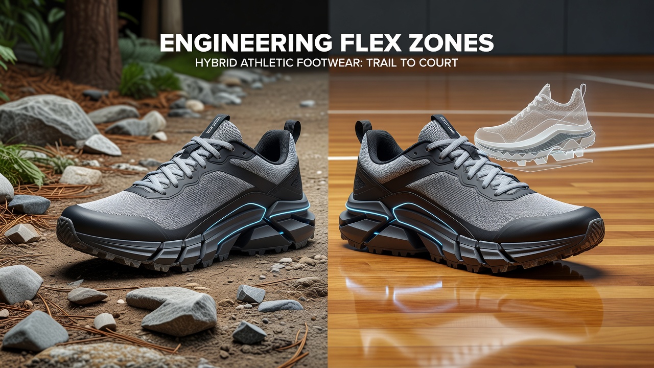 Cross-section view showing engineered flex zones in hybrid athletic footwear midsole construction