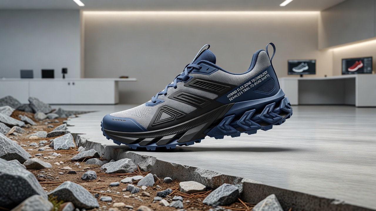 Athlete demonstrating seamless transition between trail path and indoor court surface using hybrid footwear with engineered flex zones