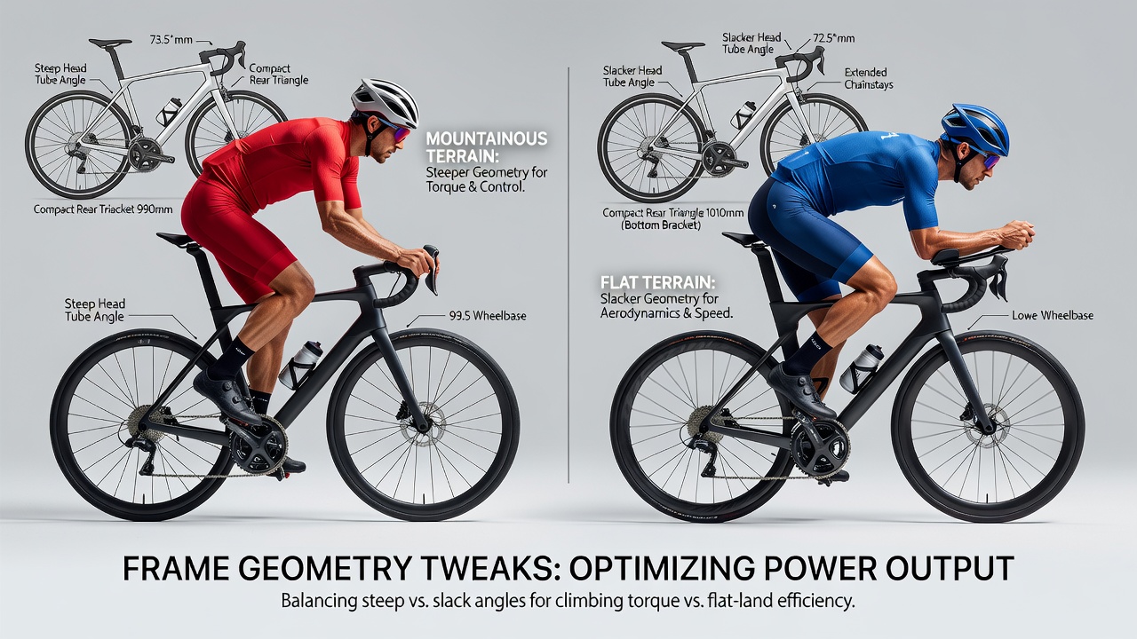 Comparison of road bike frames with geometry overlays for mountain and flat terrain setups
