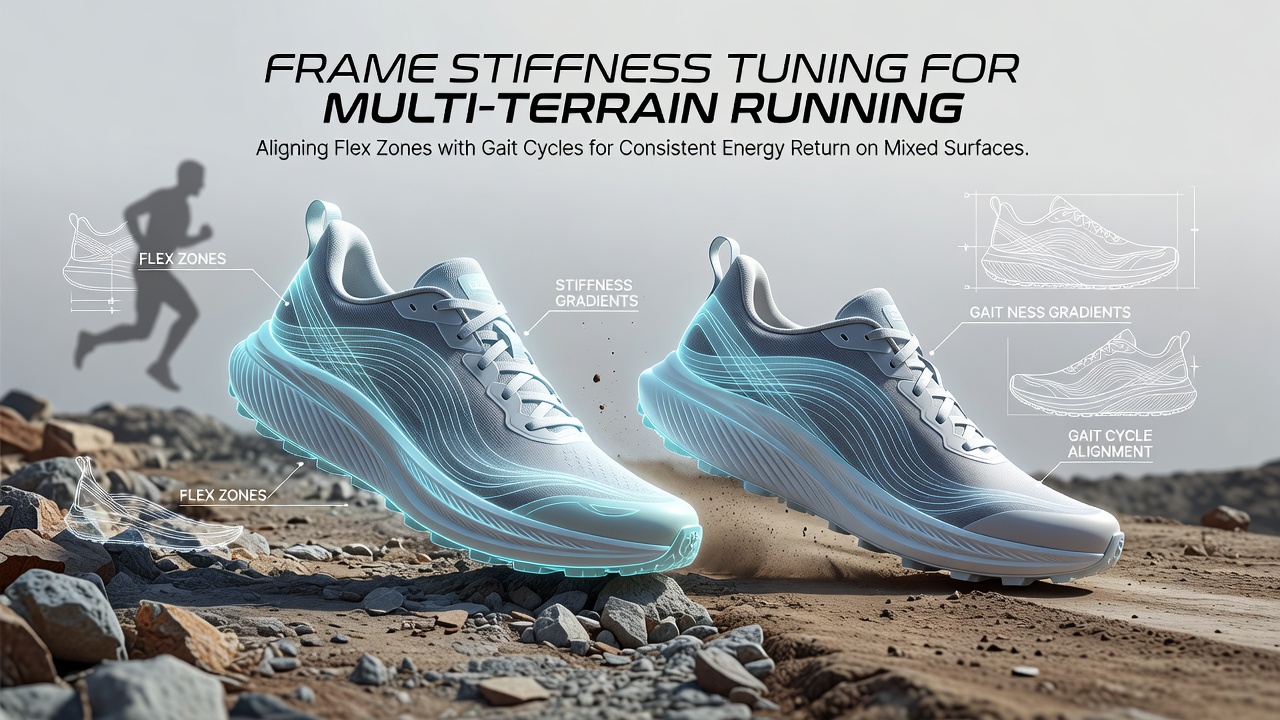 Close-up view of multi-terrain running shoe midsole showing segmented flex zones and stiffness tuning elements