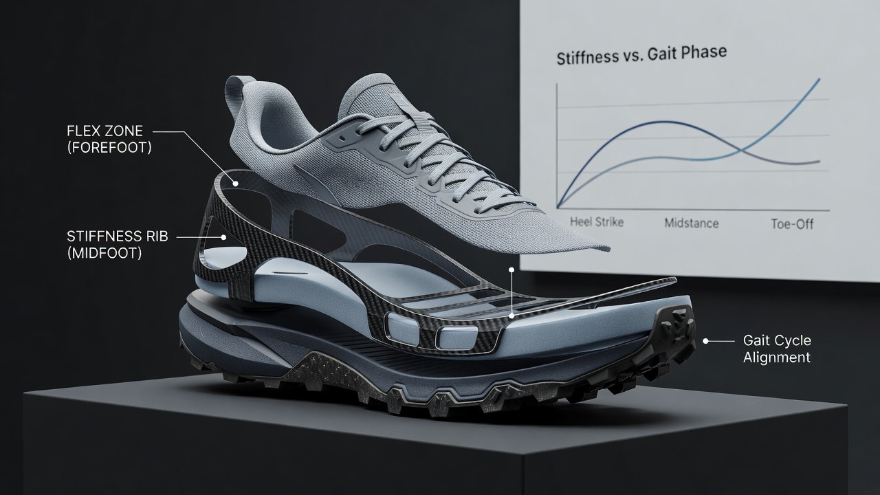 Side profile of a runner testing multi-terrain shoes on a mixed path with visible midsole flex during gait cycle