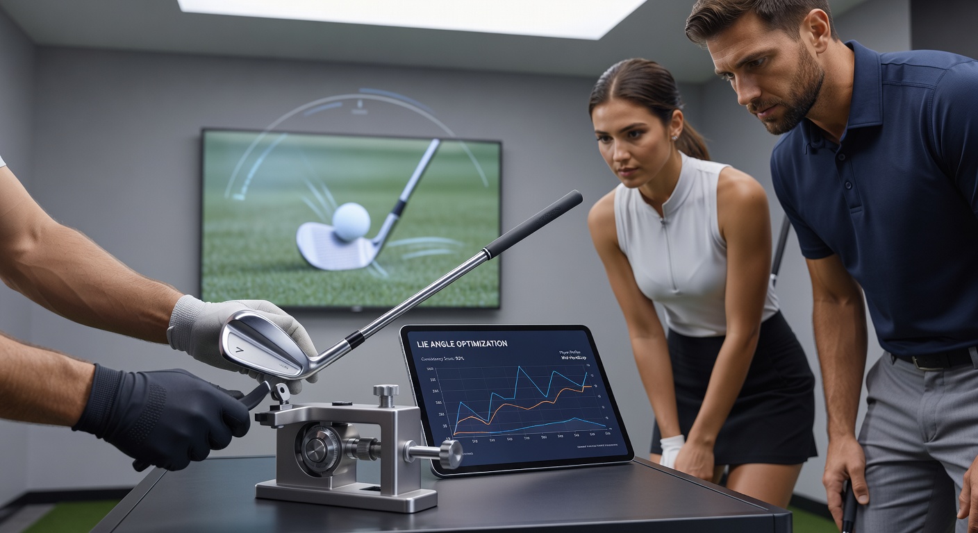 Golf club lie angle adjustment process shown on a fitting bench with measurement tools and impact tape applied to the clubface