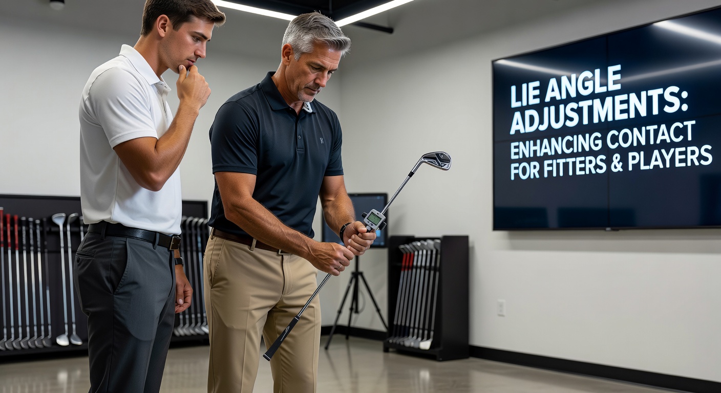 Close-up view of a golf club hosel being adjusted with a bending tool during a professional fitting session