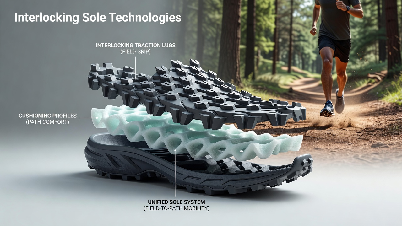 Close-up view of interlocking sole technology merging cleat traction elements with cushioned trail running profiles
