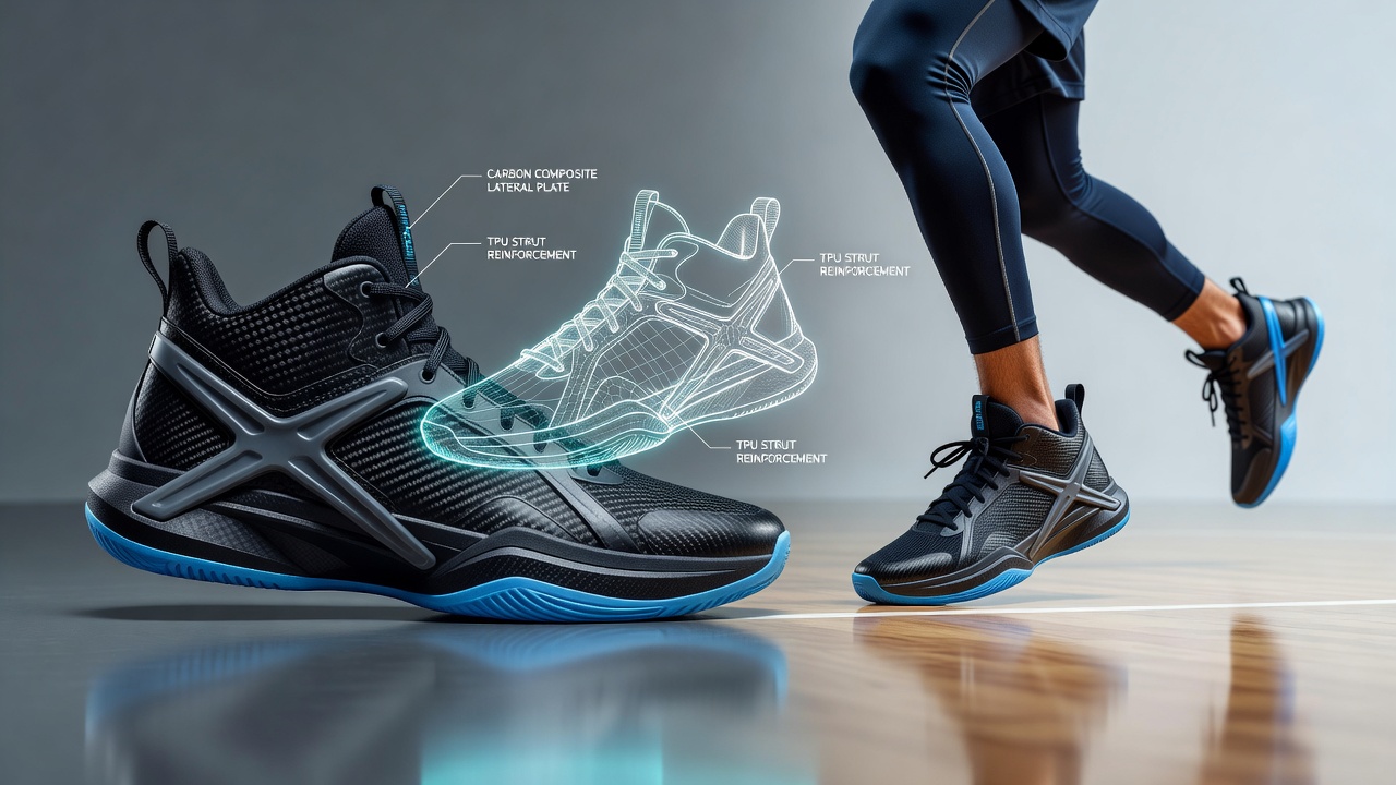 Close-up view of composite reinforced basketball shoe midsole designed for lateral stability during quick directional changes