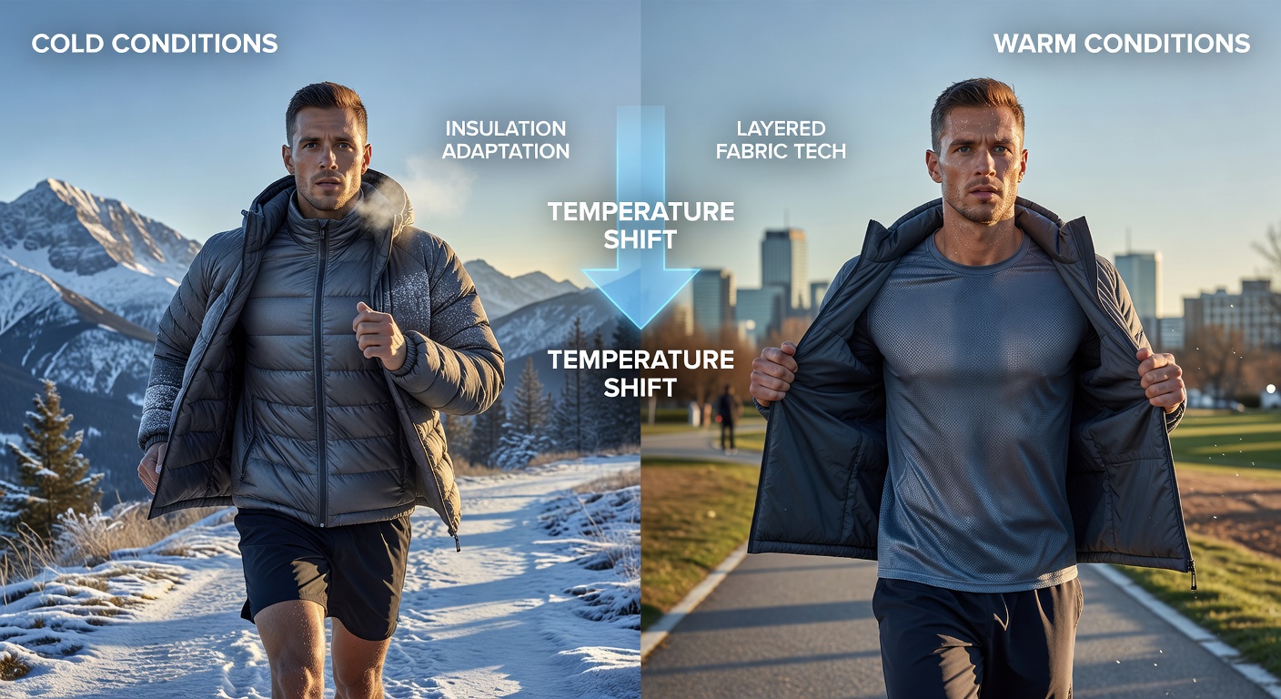 Close-up view of adaptive layered fabric technology showing multiple insulation layers in athletic wear
