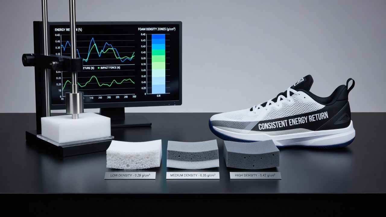 Laboratory testing setup measuring energy return from basketball midsole foams on simulated varnished court surfaces during repeated jump cycles