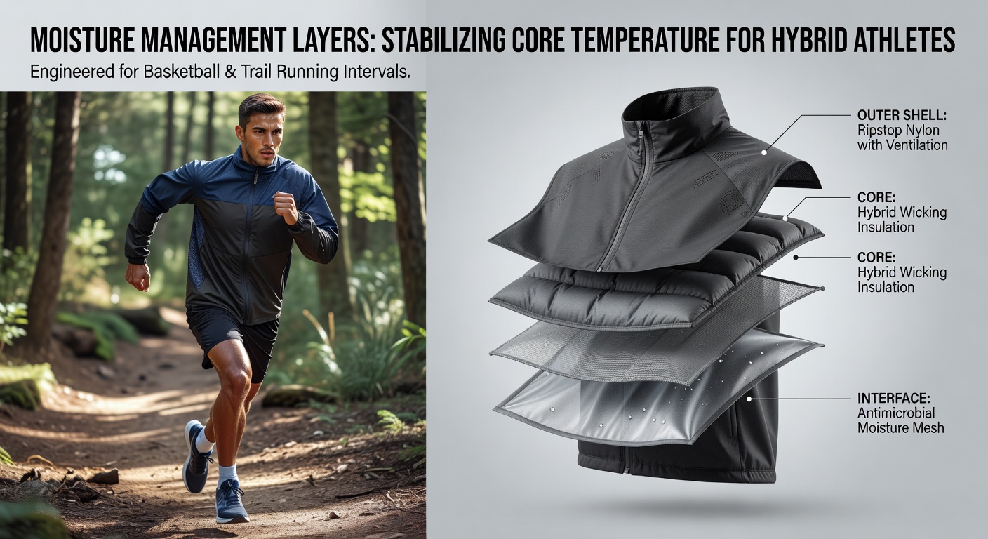 Close-up view of moisture management fabric layers in a hybrid outdoor jacket designed for temperature stability during basketball and trail running