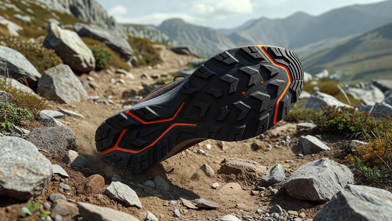 Close-up of outsole lug patterns on a mountain running shoe showing varied shapes and depths for terrain grip