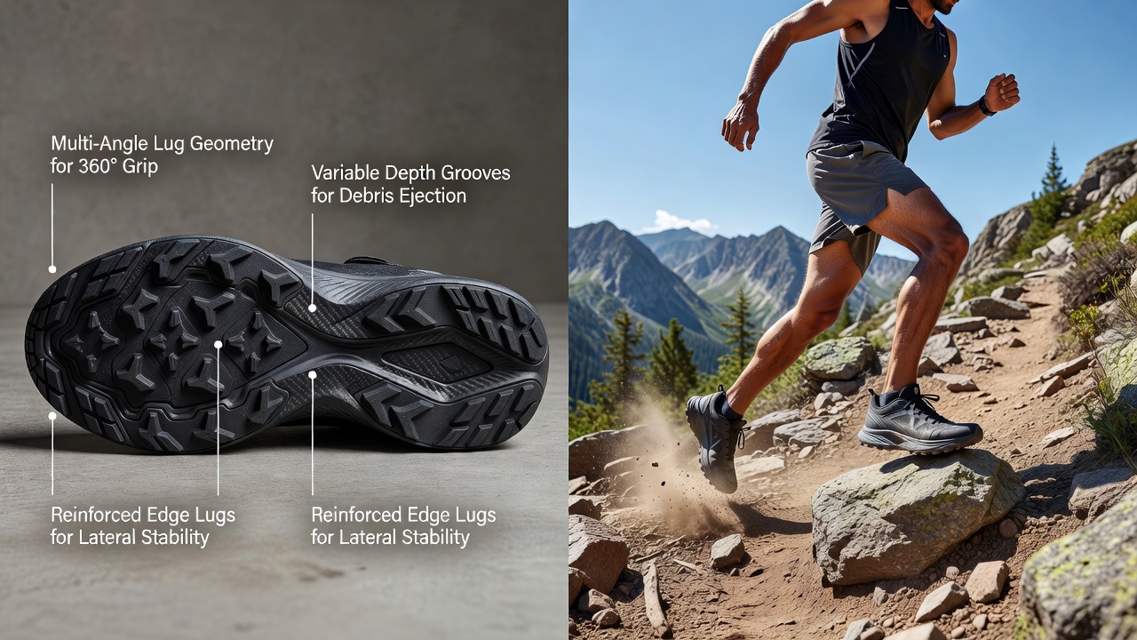 Runner navigating uneven mountain trail demonstrating stable foot placement on rocky terrain