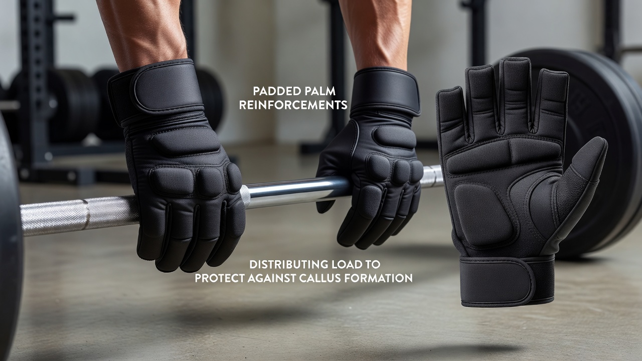 Athlete performing deadlift with weightlifting gloves highlighting palm contact area under load