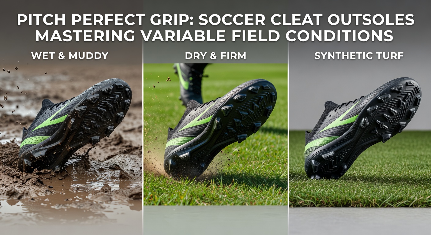 Close-up of soccer cleat outsole with varied stud patterns on a wet field, demonstrating grip in muddy conditions
