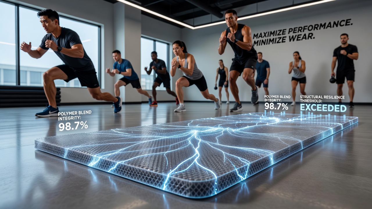 Fitness mat undergoing durability testing on multiple floor surfaces with sensors tracking compression and recovery