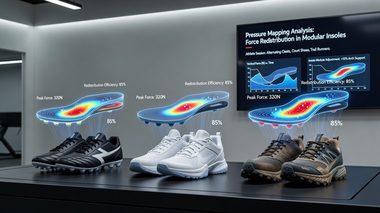 Pressure mapping overlay integrated into a modular insole showing color-coded force distribution zones for different athletic movements