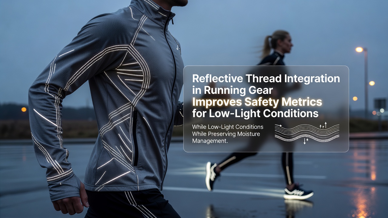 Runner wearing jacket with integrated reflective threads visible under low light conditions on a trail