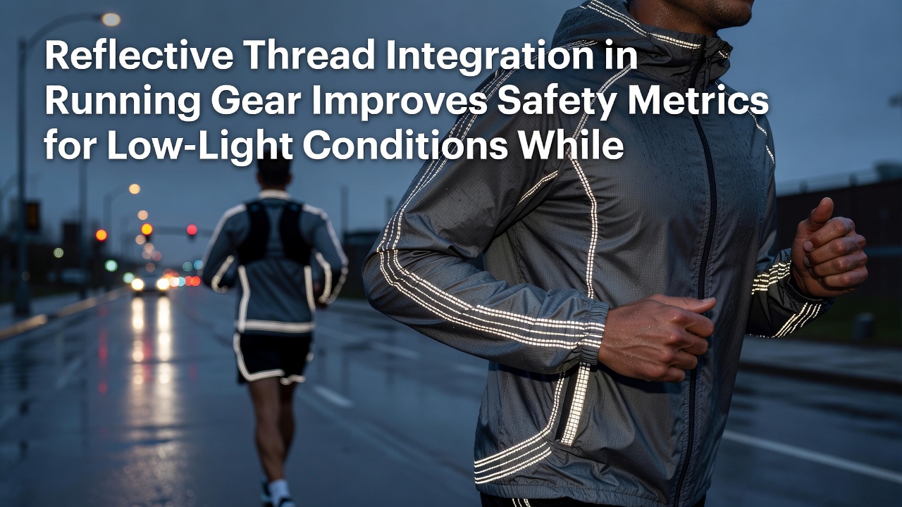 Close-up of running tights showing reflective thread pattern alongside moisture-wicking fabric structure