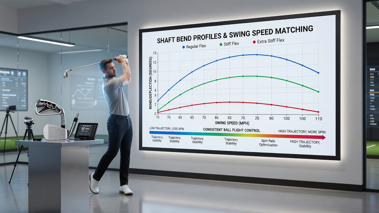 Launch monitor display comparing ball flight trajectories from matched versus mismatched shaft flex and bend profiles in golf irons