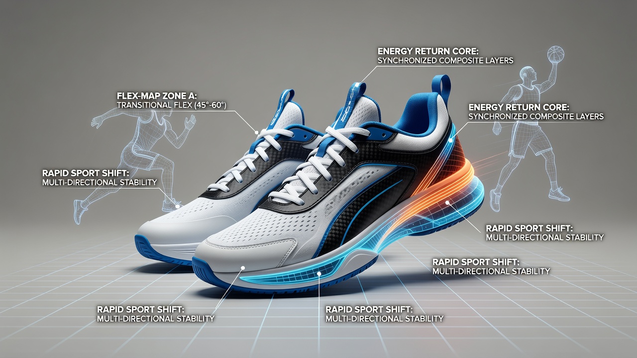 Detailed diagram showing shaft flex mapping zones in multi-sport footwear with color-coded energy return indicators