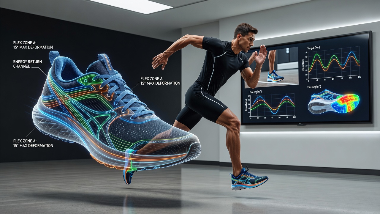 Athlete performing rapid sport transition while wearing instrumented multi-sport shoes with flex mapping overlays