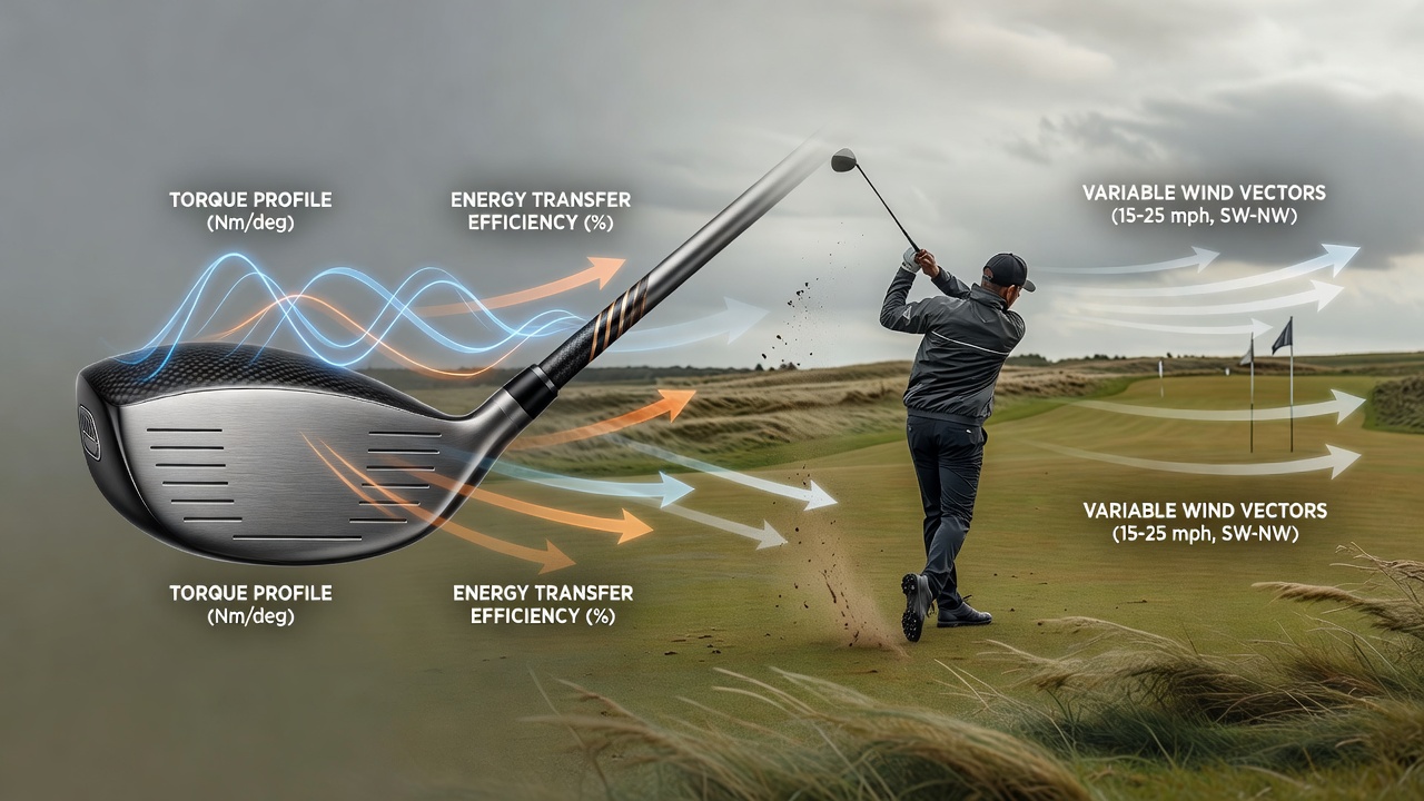 Diagram illustrating shaft torque profiles within a golf driver head and their influence on clubface stability