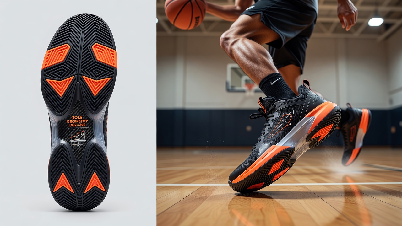 Close-up view of basketball shoe outsole with multidirectional herringbone pattern on polished indoor court floor