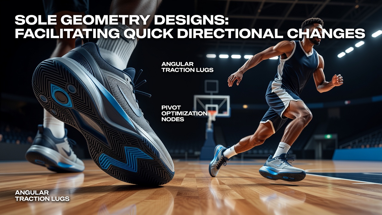 Athlete executing a sharp cut on an indoor basketball court with focus on shoe sole contact and traction