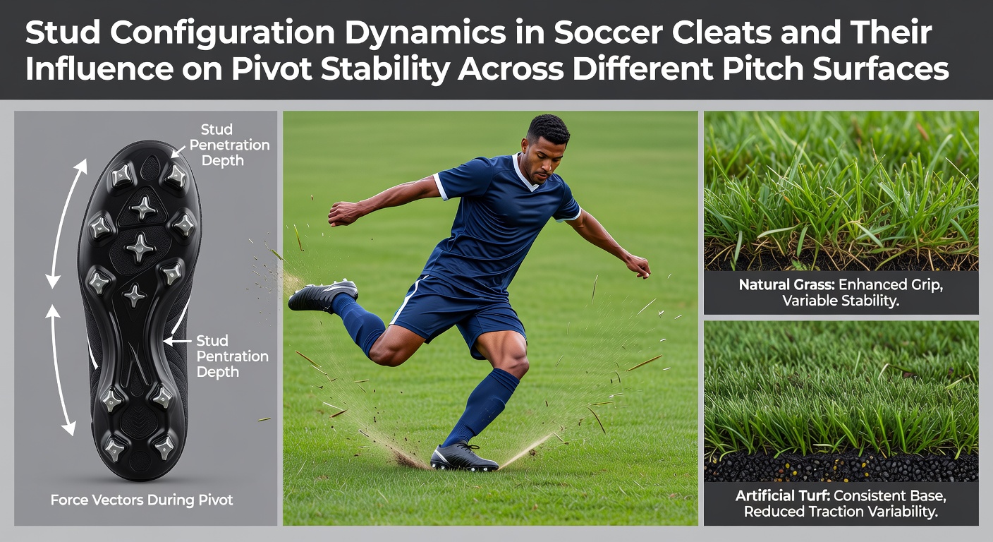 Close-up view of soccer cleat studs arranged in different configurations on artificial and natural grass surfaces