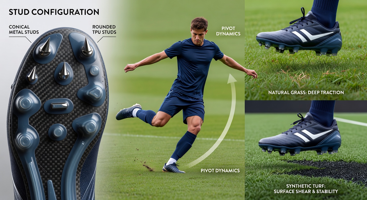 Soccer player executing a pivot turn on wet grass with visible cleat stud interaction