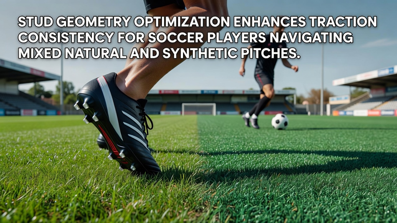 Close-up view of optimized soccer cleat studs designed for mixed natural adn synthetic pitches showing varied lengths and shapes