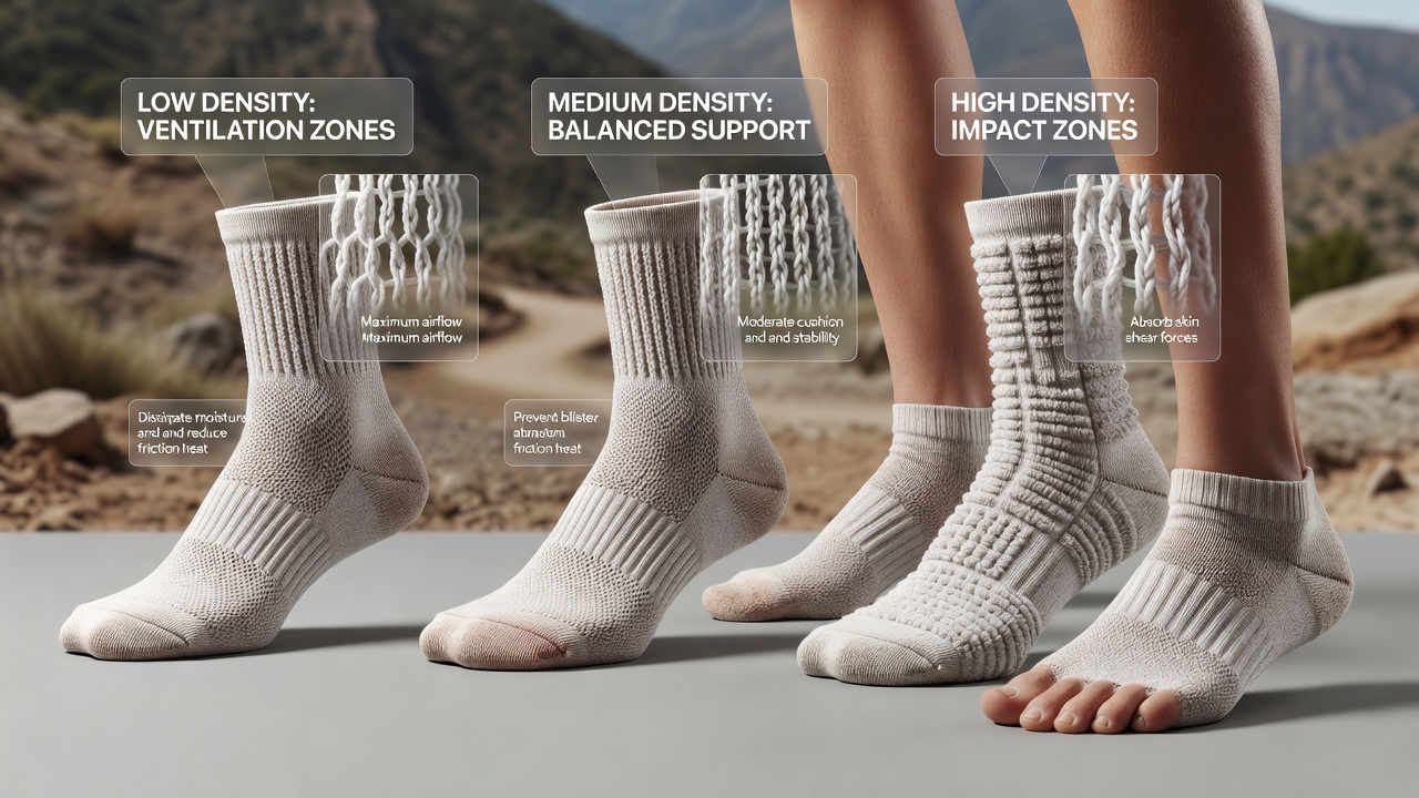 Athlete transitioning from trail running to indoor court session while wearing performance socks with engineered thread patterns