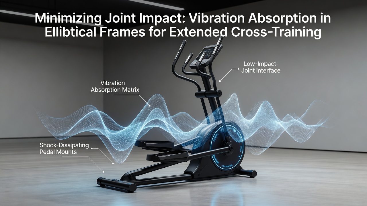 Elliptical trainer frame showing vibration absorption components and joint-friendly design elements