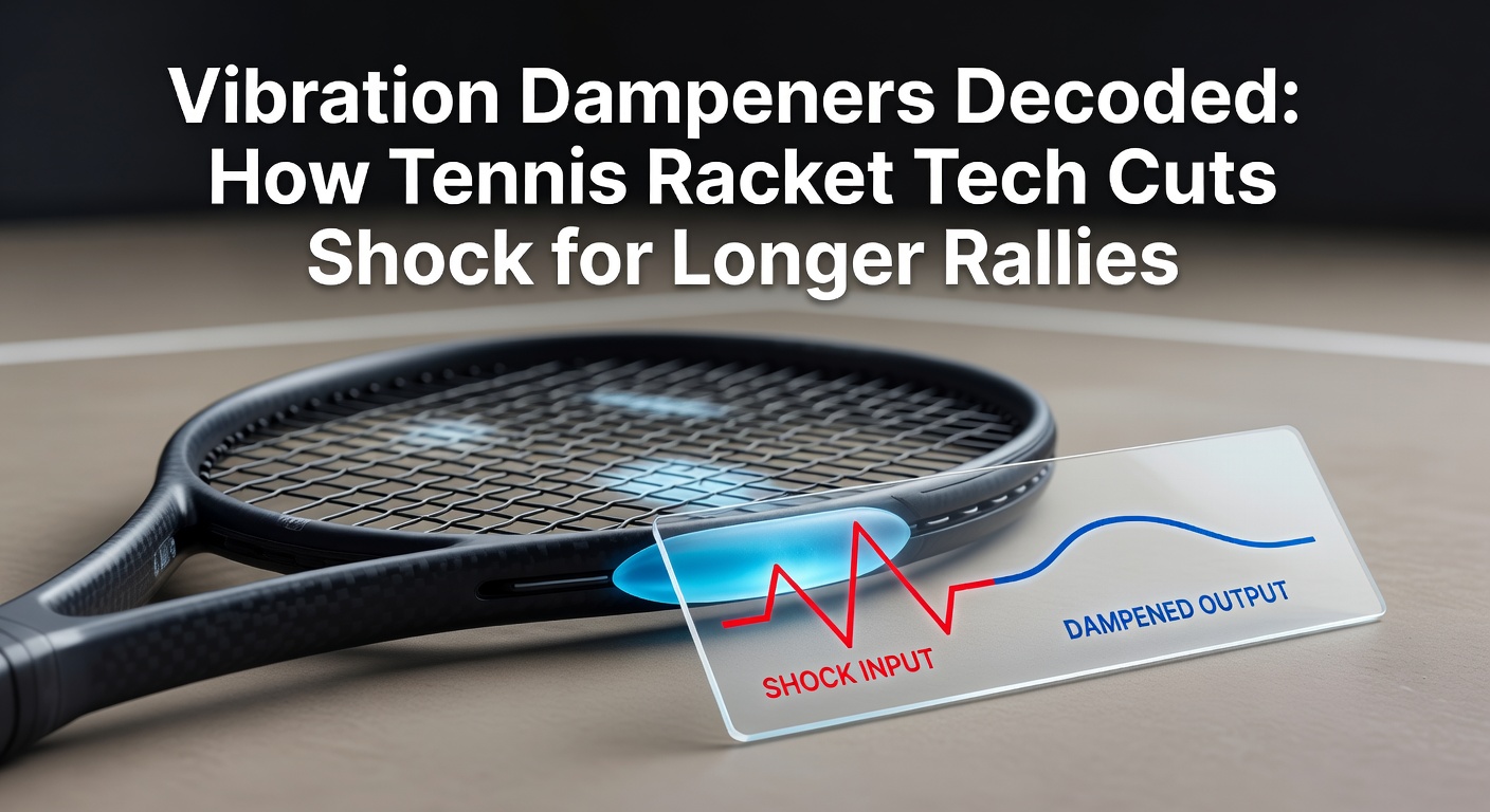Close-up of a tennis racket stringbed with a small black vibration dampener inserted between strings, illustrating how it absorbs impact vibrations during play