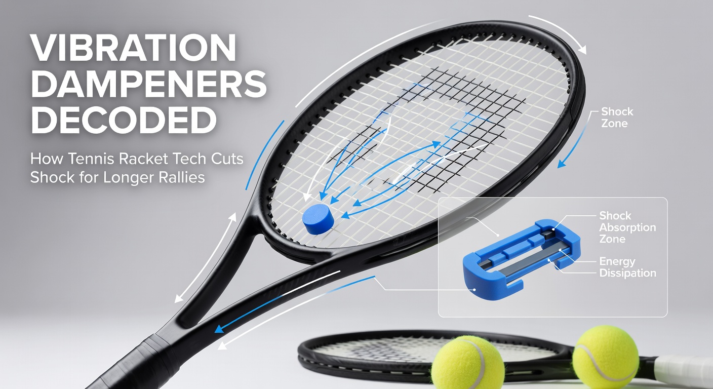 Professional tennis player mid-swing with racket showing vibration dampener in action, sweat flying as they extend a rally, highlighting reduced arm strain during intense play