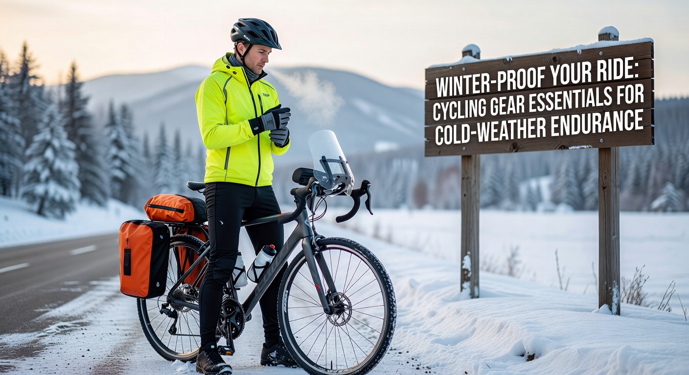 Cyclist layered in winter gear riding through snowy urban streets at dusk, lights glowing on bike