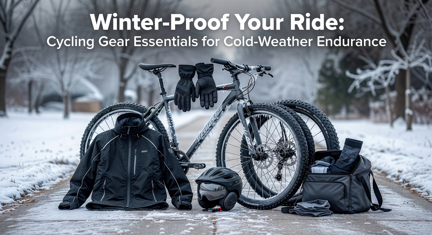 Close-up of winter cycling shoes with overshoes, thick gloves gripping handlebars, and tire treads gripping icy road